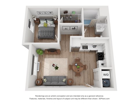 a stylized floor plan with a bedroom and living room